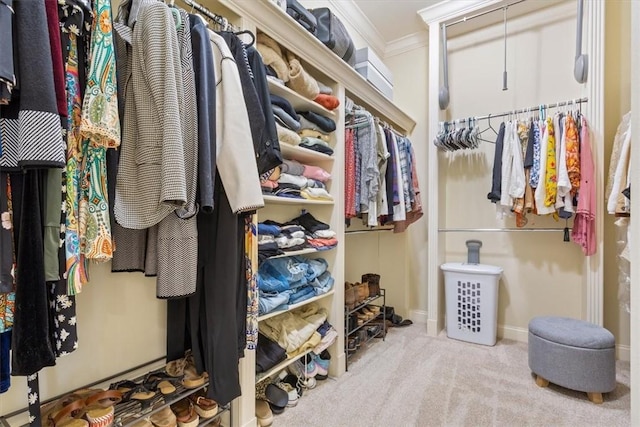 walk in closet with light carpet