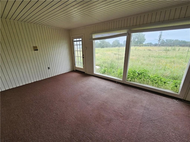 unfurnished sunroom featuring a rural view