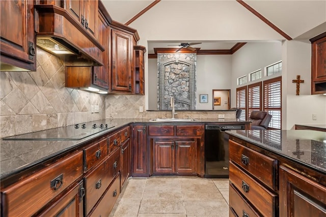 kitchen featuring black appliances, vaulted ceiling, sink, and dark stone countertops