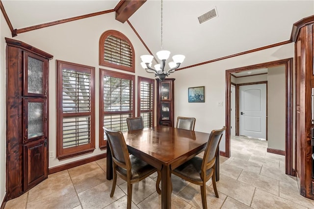 dining area with lofted ceiling with beams and a notable chandelier