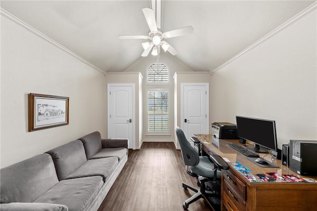 office with lofted ceiling, wood-type flooring, crown molding, and ceiling fan