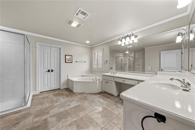 bathroom with crown molding, separate shower and tub, and vanity