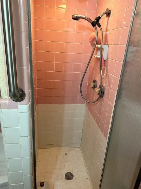 bathroom with a shower with shower door