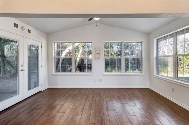 unfurnished sunroom featuring ceiling fan, french doors, a healthy amount of sunlight, and vaulted ceiling