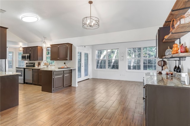 kitchen with dark brown cabinetry, plenty of natural light, light wood-type flooring, and appliances with stainless steel finishes