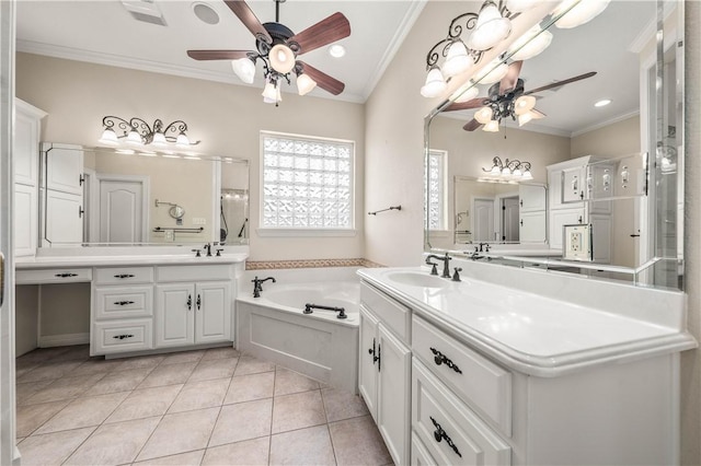 bathroom with tile patterned floors, vanity, ceiling fan, and ornamental molding