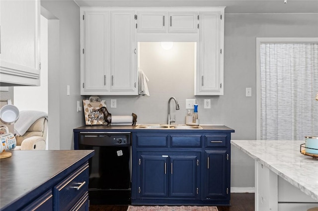 kitchen with white cabinetry, blue cabinets, black dishwasher, and sink