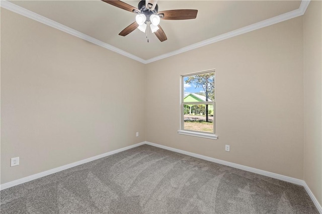 carpeted empty room with ceiling fan and ornamental molding