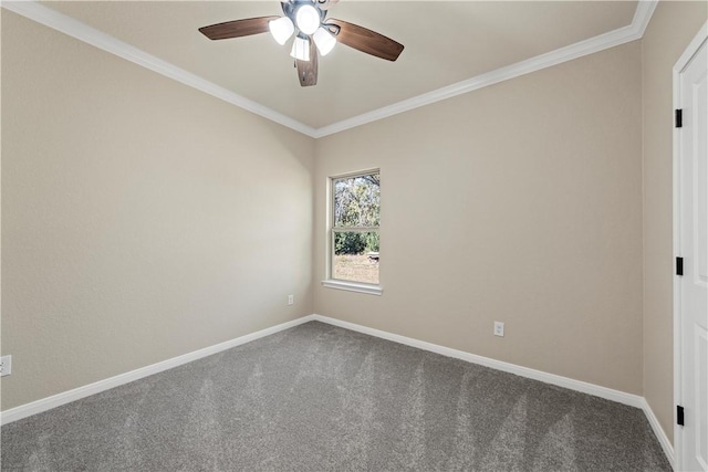 unfurnished room with carpet flooring, ceiling fan, and ornamental molding