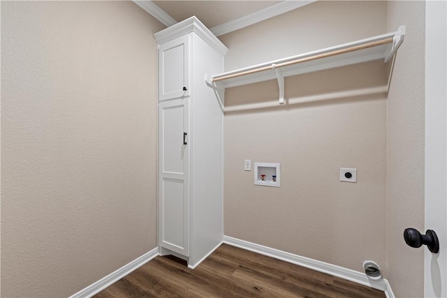 clothes washing area with ornamental molding, hookup for a washing machine, dark wood-type flooring, and hookup for an electric dryer