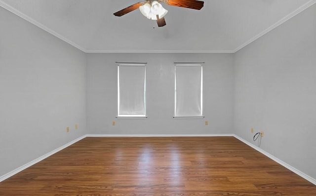 empty room featuring crown molding, ceiling fan, and wood-type flooring