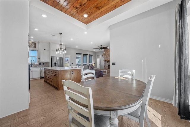 dining space featuring light hardwood / wood-style flooring, ceiling fan, wooden ceiling, and sink