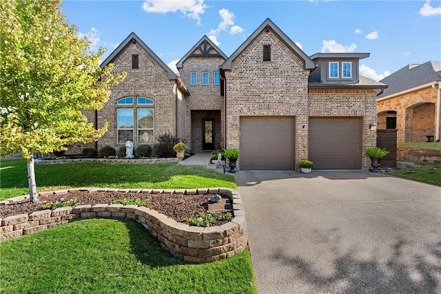 view of front of property with a front yard and a garage