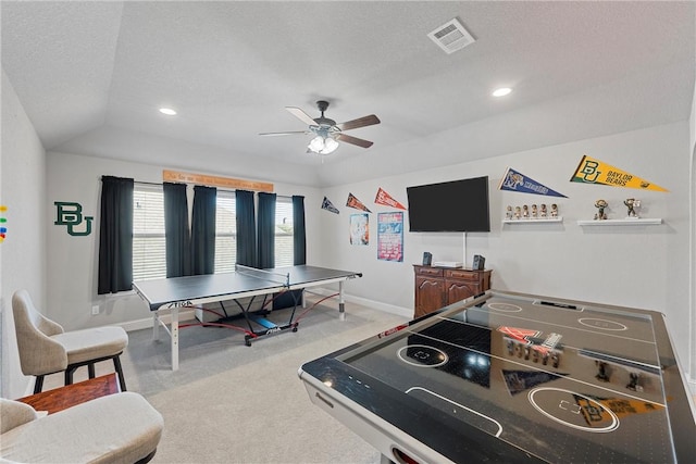 game room featuring carpet flooring, ceiling fan, a textured ceiling, and lofted ceiling