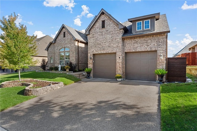 view of front of property with a front yard and a garage