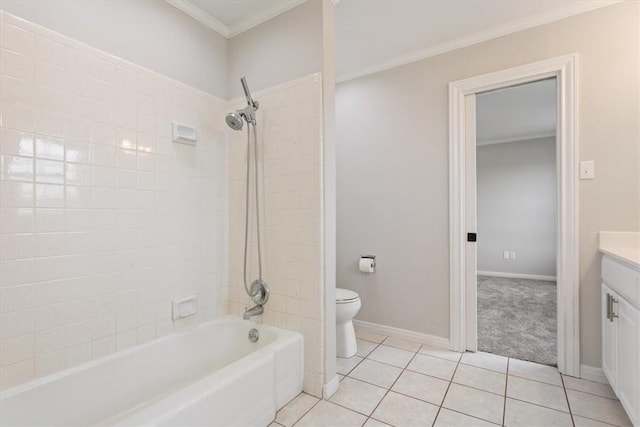 full bath with toilet, tile patterned floors, crown molding, vanity, and shower / washtub combination