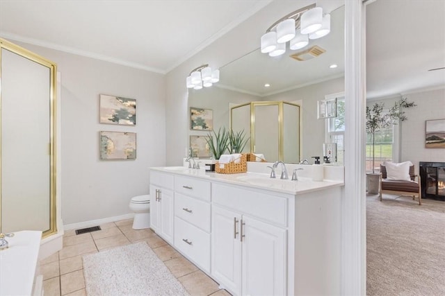 full bath with double vanity, visible vents, ornamental molding, a sink, and a shower stall