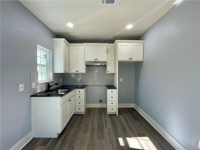 kitchen with dark hardwood / wood-style floors, white cabinetry, and sink