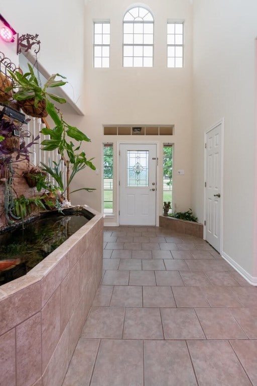 tiled foyer featuring a towering ceiling and a wealth of natural light