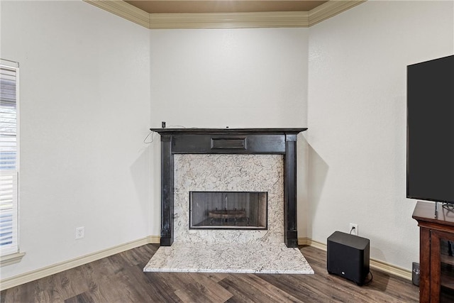 details with baseboards, ornamental molding, wood finished floors, and a high end fireplace