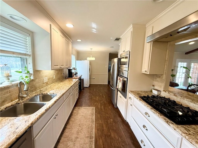 kitchen featuring pendant lighting, sink, stainless steel appliances, light stone counters, and white cabinets