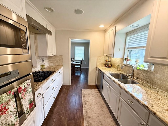 kitchen with white cabinetry, sink, stainless steel appliances, crown molding, and light stone countertops