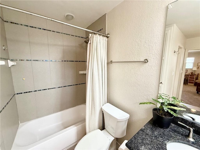 full bathroom with shower / bath combination with curtain, toilet, and sink