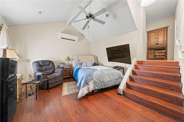 bedroom with an AC wall unit, vaulted ceiling with beams, ceiling fan, and dark hardwood / wood-style flooring