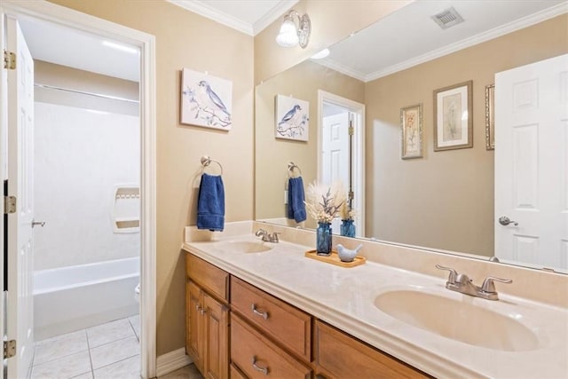 bathroom featuring tile patterned flooring, vanity, crown molding, and bathtub / shower combination