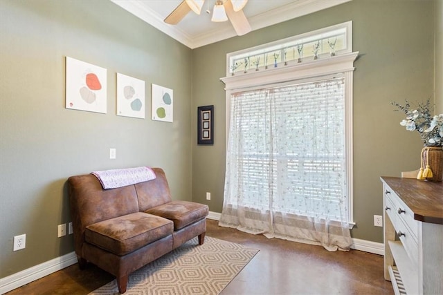 living area featuring ceiling fan and ornamental molding