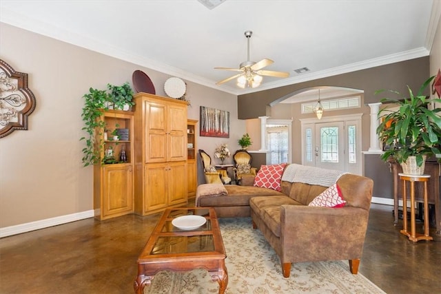 living room featuring crown molding and ceiling fan