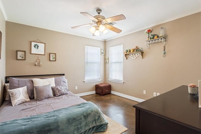 bedroom featuring ceiling fan and ornamental molding