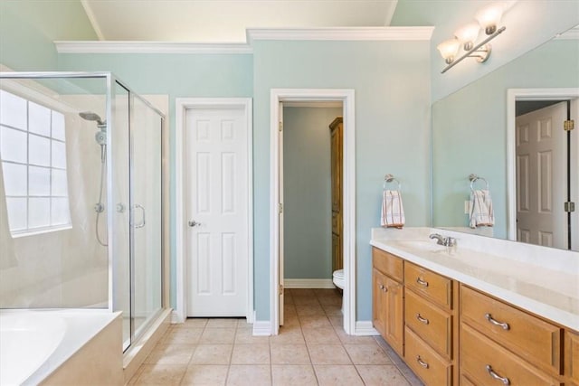 full bathroom featuring vanity, plus walk in shower, tile patterned floors, toilet, and ornamental molding