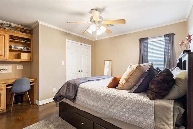 bedroom with a closet, ceiling fan, and crown molding