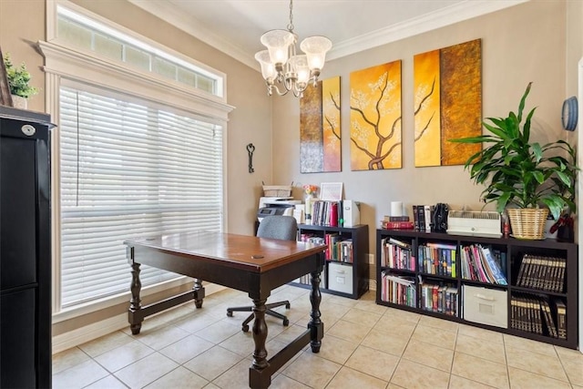 office space featuring light tile patterned flooring, ornamental molding, and an inviting chandelier