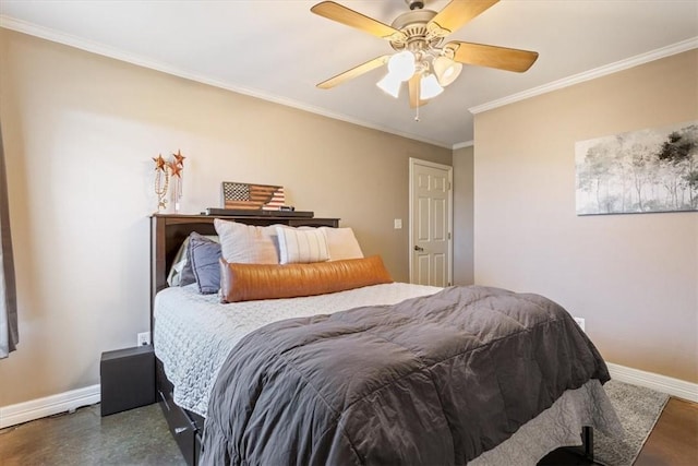 bedroom featuring ceiling fan and crown molding