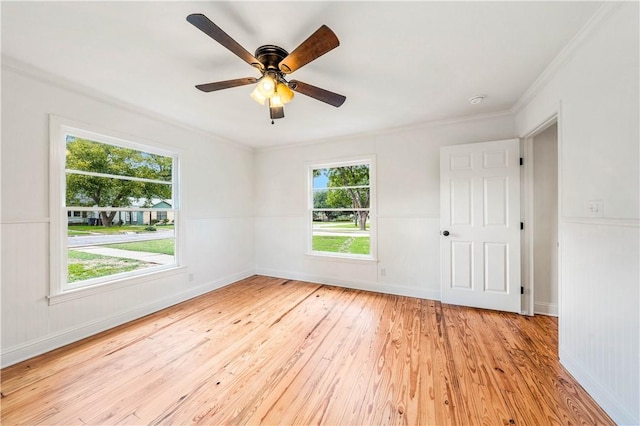 spare room with crown molding, light hardwood / wood-style flooring, and ceiling fan