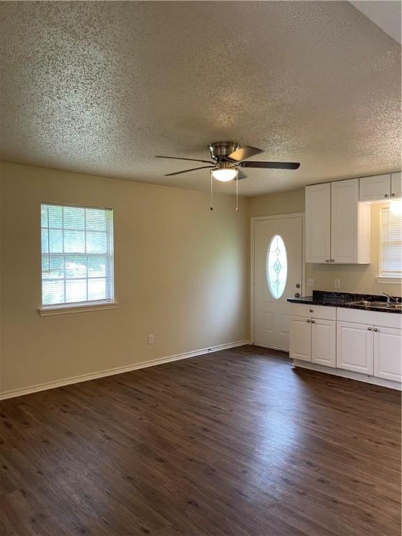 kitchen featuring a textured ceiling, dark hardwood / wood-style floors, and a wealth of natural light