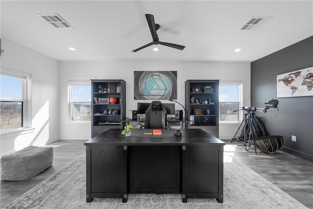 office area featuring hardwood / wood-style flooring and ceiling fan