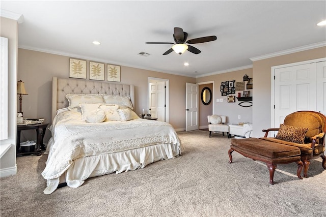 carpeted bedroom with ceiling fan and crown molding