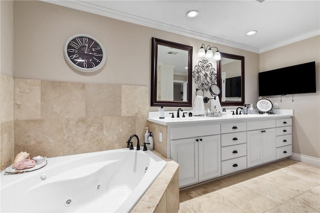 bathroom featuring tile patterned flooring, vanity, tiled bath, and ornamental molding