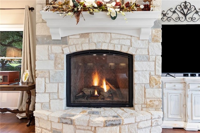 details featuring hardwood / wood-style flooring and a stone fireplace