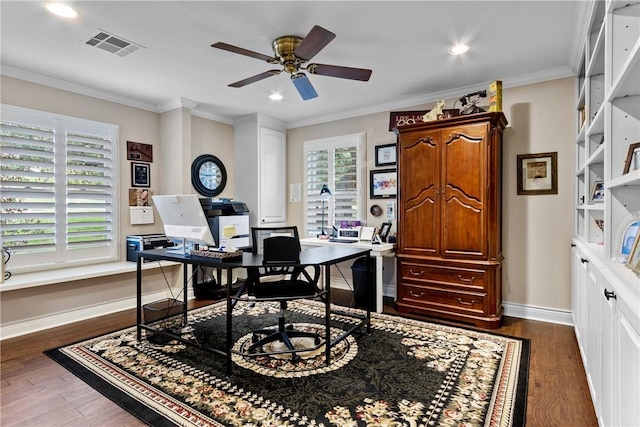 office area featuring dark hardwood / wood-style flooring, ceiling fan, and crown molding