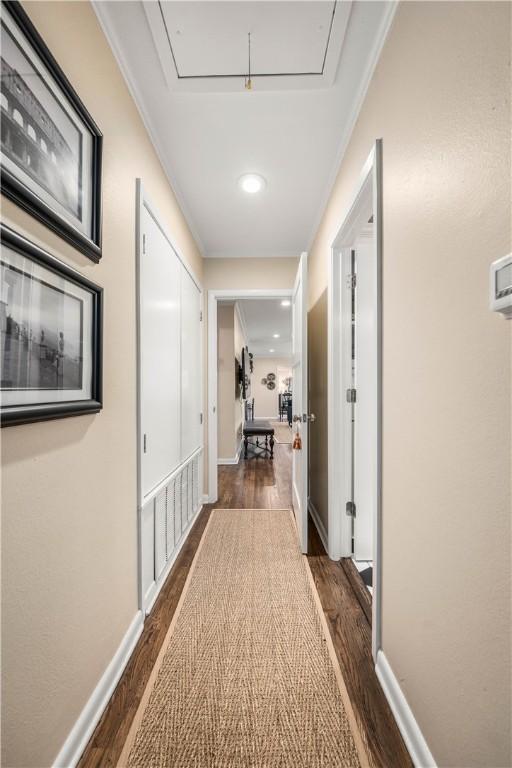 hallway featuring crown molding and dark wood-type flooring