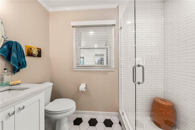 bathroom with ornamental molding, vanity, a baseboard heating unit, walk in shower, and toilet