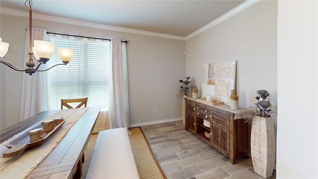 interior space featuring light hardwood / wood-style flooring, an inviting chandelier, and ornamental molding