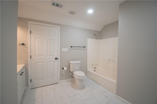 full bath with toilet, marble finish floor, baseboards, and visible vents