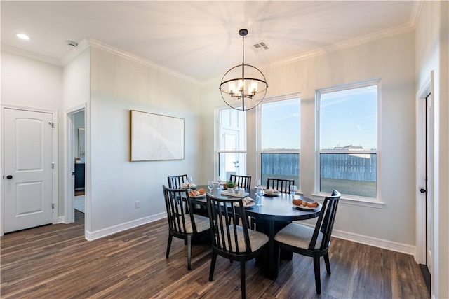 dining room with a notable chandelier, dark hardwood / wood-style flooring, and crown molding