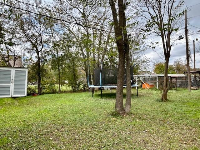 view of yard with a shed and a trampoline