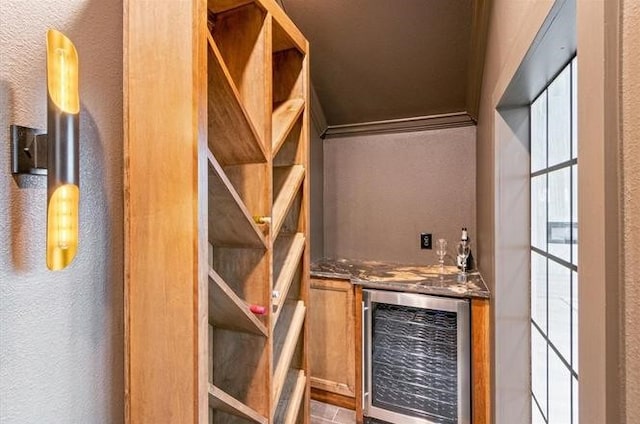 wine cellar featuring wine cooler and bar